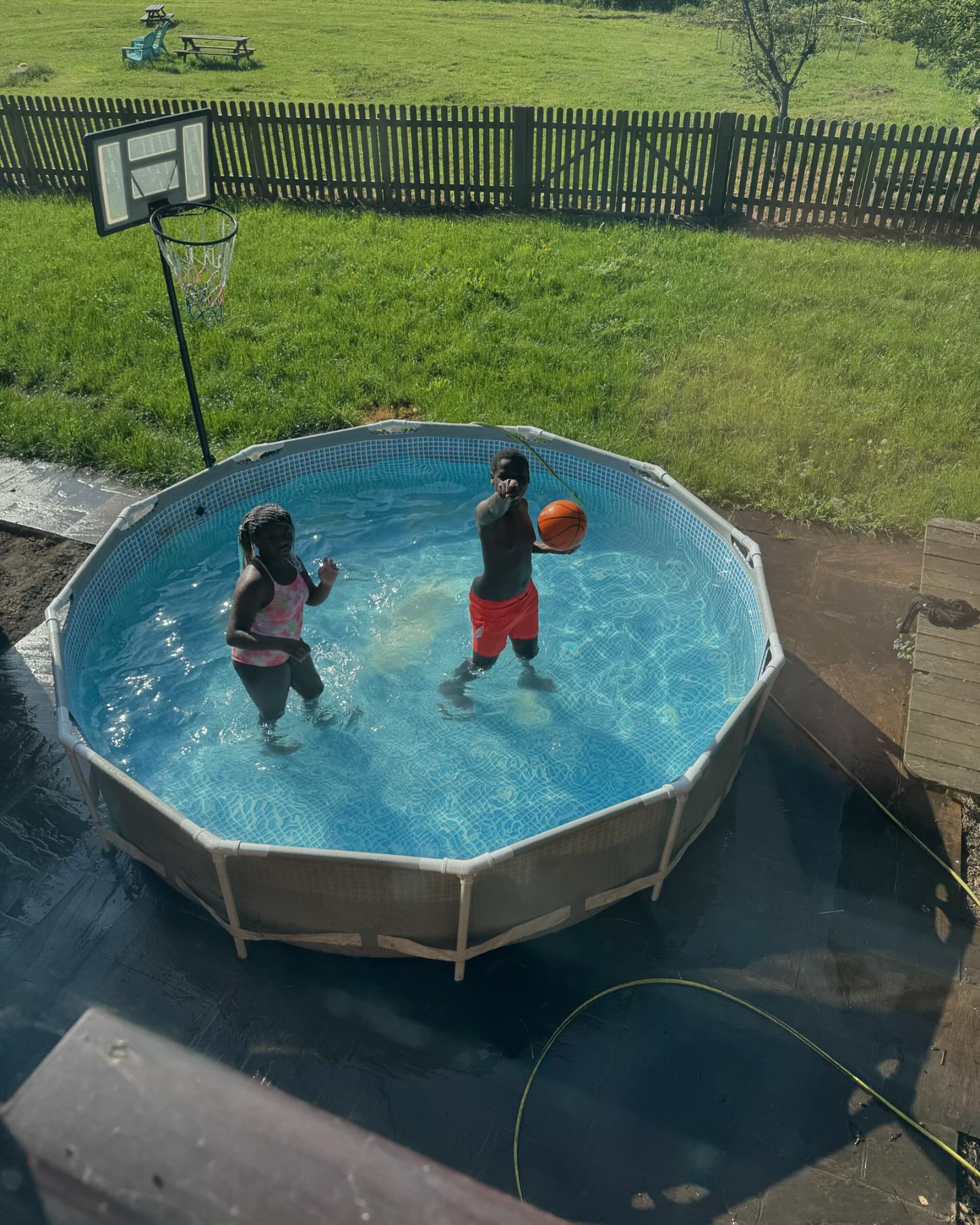 The lure of the pool is strong. Hunter has just got his PS5 back after an, er, incident and he’s out here with Wren pre-breakfast instead. Wren is less of a surprise as she has been demanding pool assembly since the first day with a hint of sun.
